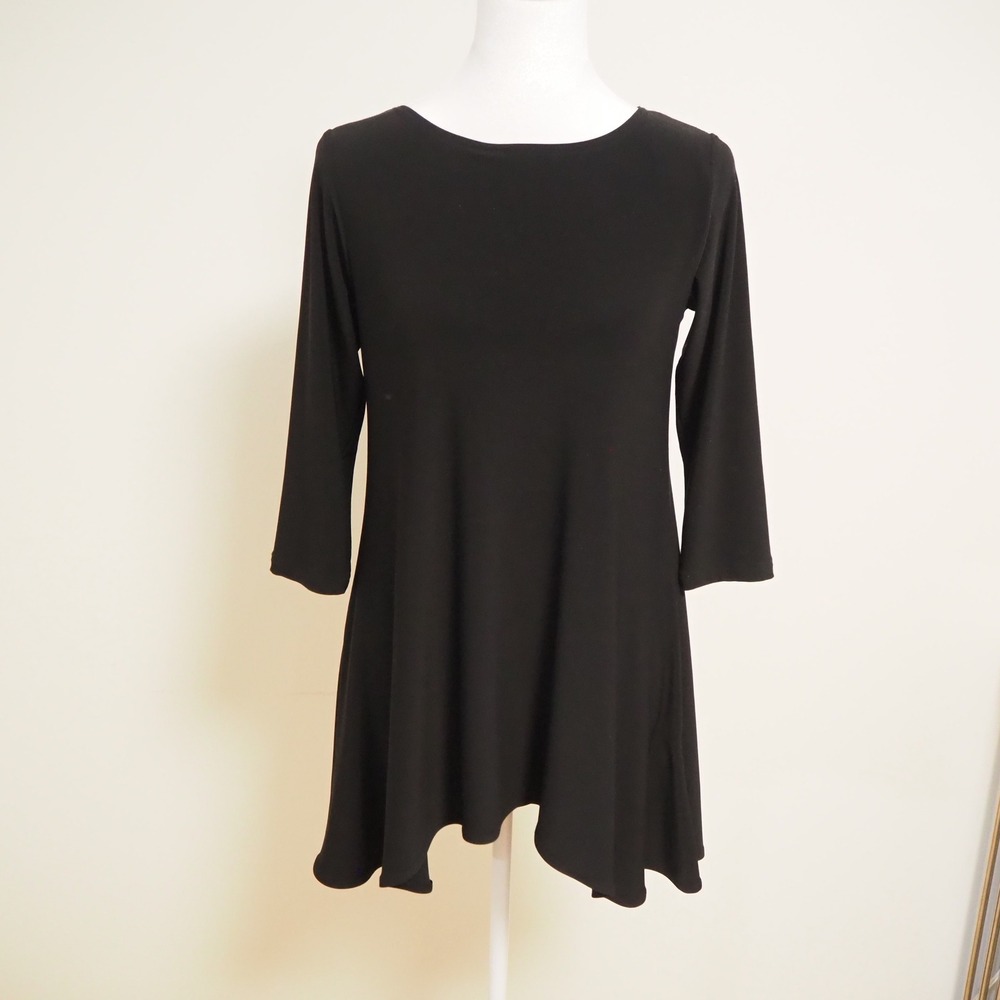 Sympli Swing Tunic Top Womens 2 Black 3/4 Sleeve Top Shirt Tail‎ Hem Jersey Knit